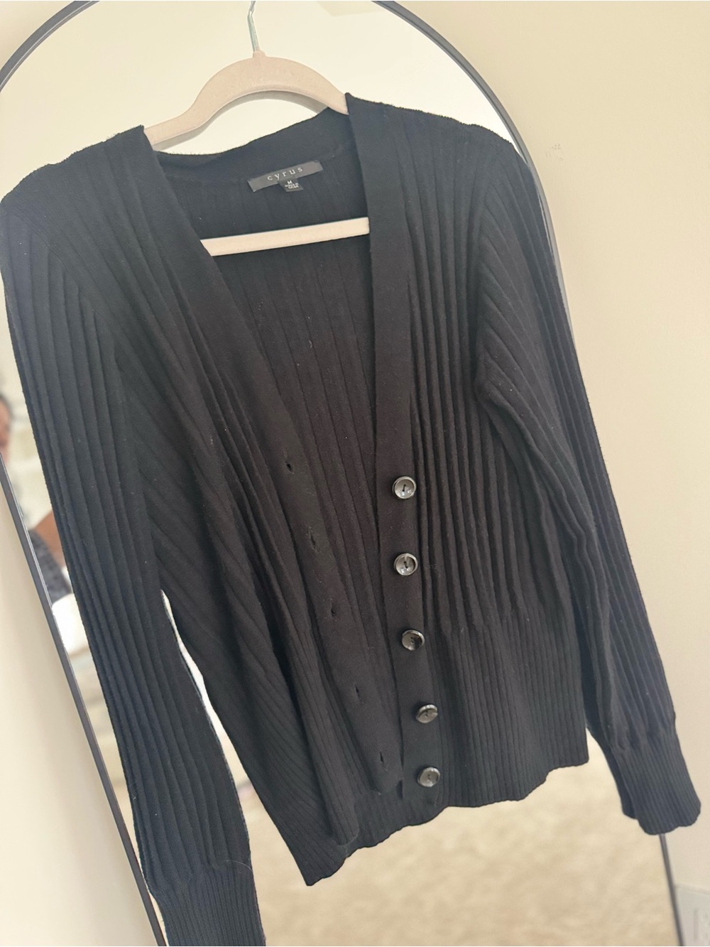 Cyrus Black Ribbed Button-Front Women's Cardigan